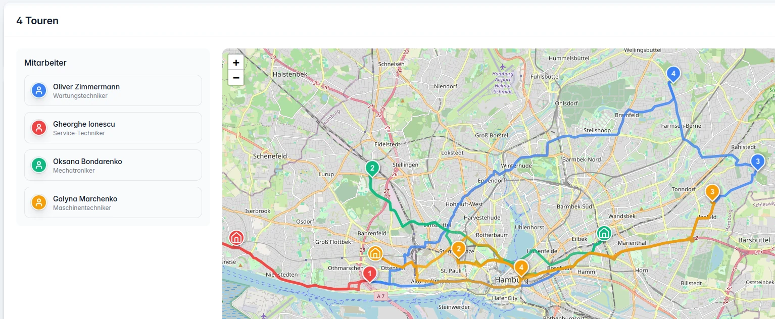 Ainora Kartenansicht mit vier farbig markierten Touren im Raum Hamburg und der Mitarbeiterliste